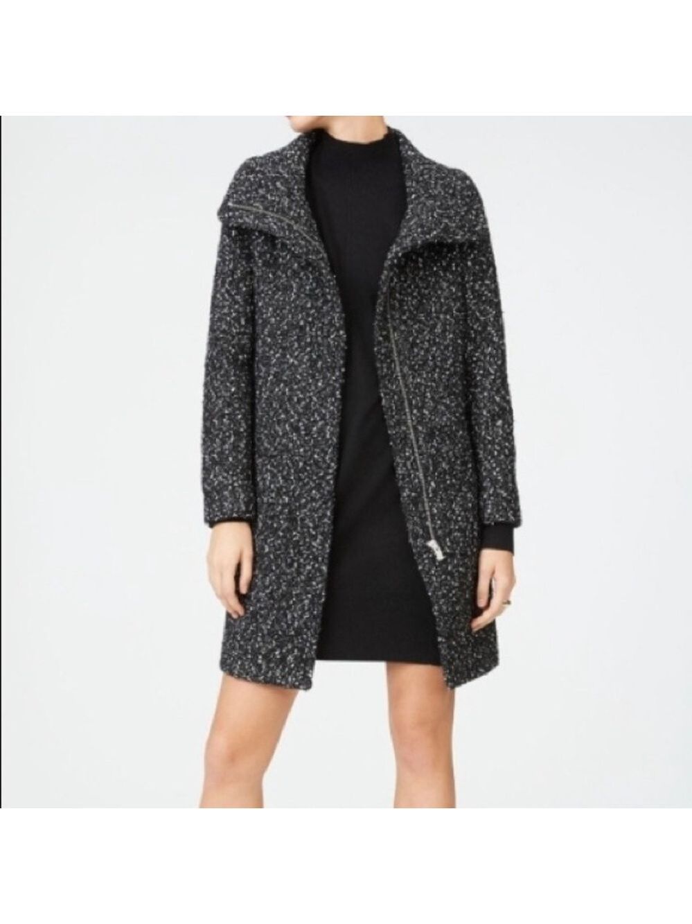 Club Monaco. Tweed Funnel Neck Wool blend coat. Black and white. - Picture 2 of 15